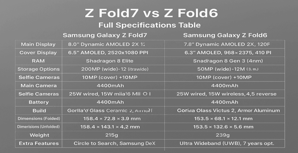Samsung Galaxy Z Fold7 vs Z Fold6 full comparison